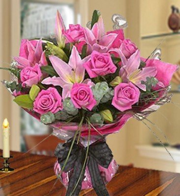 Bunch of 2 Pink Lilies & 8 Stems of Pink Roses with greens in nice pink wrapping paper My Desire Flowers