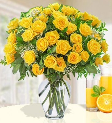 Bunch of 60 Yellow Roses with green & White fillers in nice wrapping Brillent Shine