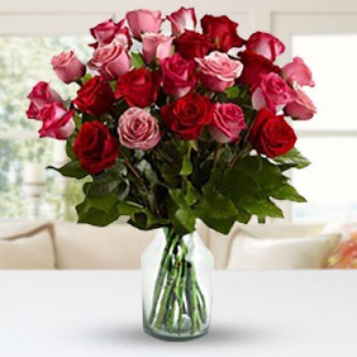 Bunch of 21 Stems of Red & Pink Roses with Greens in nice wrapping Luxury