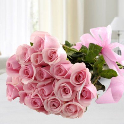 Bunch of 20 Pink Roses with Greens Packing & Ribbons . Expression Pink