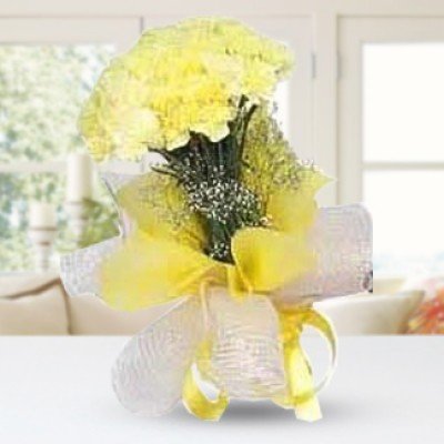 Bunch of 10 Yellow Carnations in yellow Net wrapping Simplicity