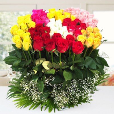 Bunch of 70 Mixed Roses with greens & fillers in nice wrapping Rainbow Of Love