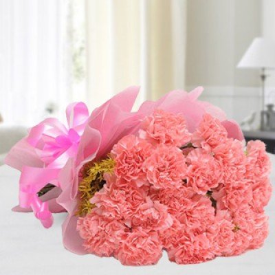 Bunch of 10 Pink Carnations with fillers in pink paper packing and pink ribbon Pinkness Sweet