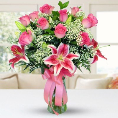 Bunch of 10 pink roses and 3 pink lilies with fillers in nice wrapping Dedication