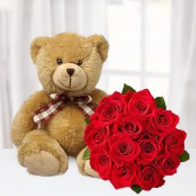 Send this 15 Inch Teddy and 10 Red Roses Bunch in nice wrapping Teddy Love