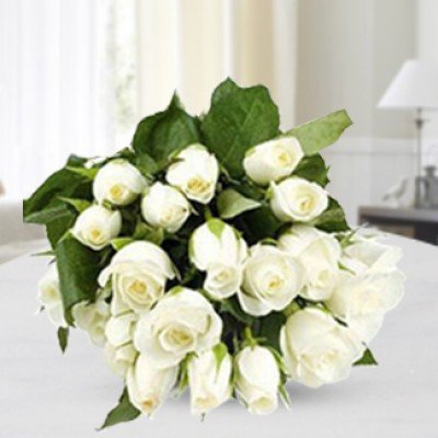 Bunch of 12 White Roses with greens and fillers in nice wrapping Divine Beauty