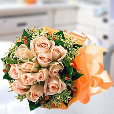 Bunch of 12 Stem Peach Roses with Fillers in orange wrapping Peach Melba