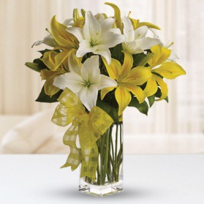 Bunch of 5 Stems of White & Yellow Lilies in nice wrapping With Love