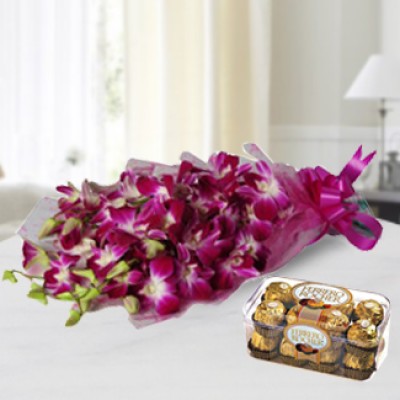 Bunch of 6 Orchids in nice wrapping & 16 Pcs Ferrero Rocher Little Happiness