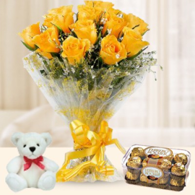 Bunch of 10 Yellow Roses with fillers in nice wrapping, 16 Pcs Ferrero Rocher Box & 6 Inches Teddy Friendship Day Special