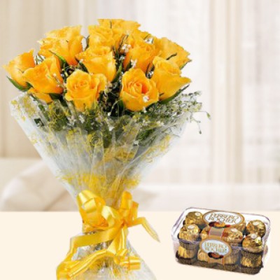 Bunch of 15 Yellow Roses in nice wrapping & box of 16 pcs Ferrero Rocher chocolate. Rose Affection