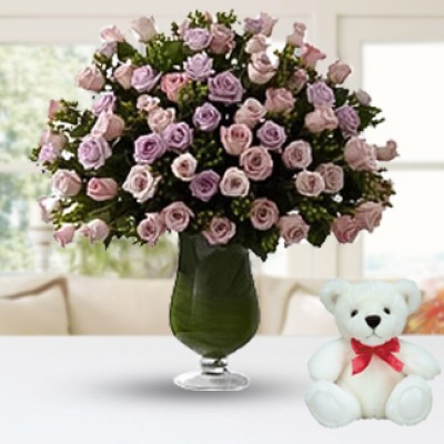 Bunch of 100 Stems of Pink Roses in nice wrapping paper along with 6 Inch Teddy Bear 100 Pink Roses & Teddy