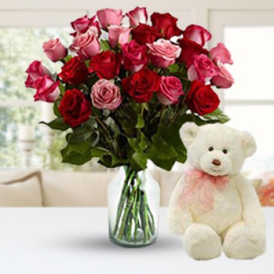 Bunch of 18 Red & Pink Roses with greens in nice wrapping along with 6 Inch Teddy Bear Red & Pink Roses with Teddy