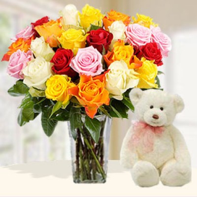 Bunch of 20 Mixed Roses in nice wrapping with 6 Inches Teddy Bear 20 Mixed Roses & Teddy