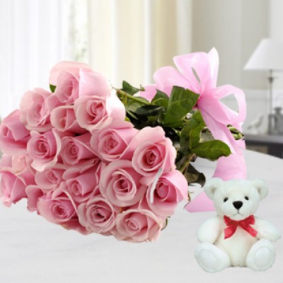 Bunch of 12 Pink Roses with Greens Packing & Ribbons and 6 Inches Teddy Bear Pink Love