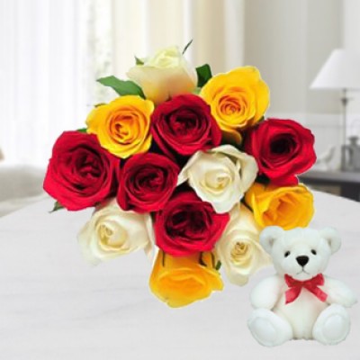 Bunch of 10 Red , yellow and white roses In nice wrapping & 6 Inches Teddy Bear 10 Mixed Roses & Teddy