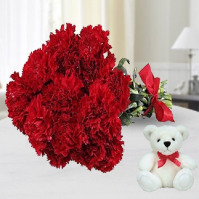 Bunch of 12 red Carnations with nice wrapping paper & with 6 Inches Teddy Bear 12 Red Carnations & Teddy