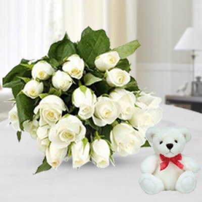 Bunch of 12 White Roses in nice wrapping along with 6 Inch Teddy Bear 12 White Roses & Teddy