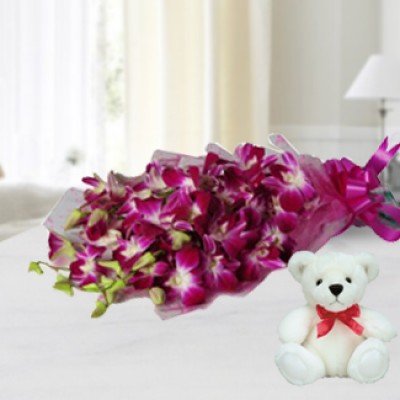 Bunch of 5 Orchids & 6 Inches teddy. Love Orchid