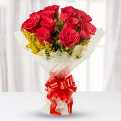 Bunch of 12 Red Roses with fillers in a nice wrapping with ribbon bow Always For You