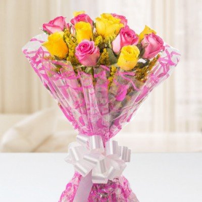 Bunch of 12 Yellow and Pink Roses with fillers and in nice wrapping Happy Go Lucky