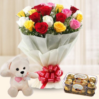 Bunch of 20 Mixed Roses & 16 Pcs Ferrero Rocher Chocolate Box along with 6 inch Teddy Bear Roses Combos