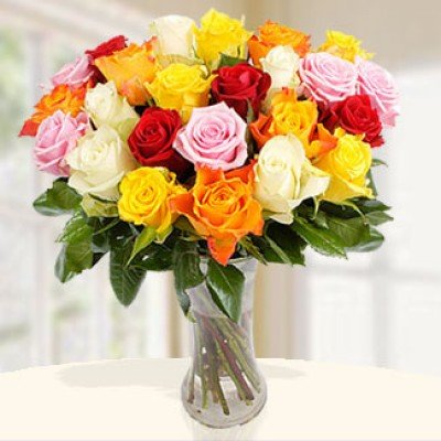 Bunch of 20 Mixed Colour Roses with greens in nice wrapping Glowing Glory