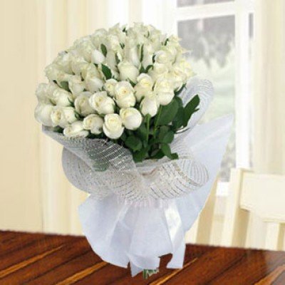 Bunch of 40 White Roses with greenery in White net Peace Of Mind