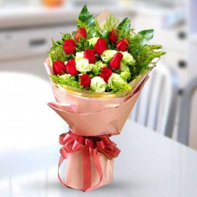 Bunch of 11 Red Roses & 11 White roses with greens in nice wrapping Bouquet of Red and White Roses