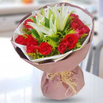 Bunch of 12 Red Roses & 3 stems of White Lilies Bouquet with greens in nice wrapping Red Roses & White Lilies Bouquet