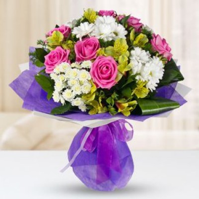 Bunch of 7 Pink roses, 4 stems of white chrysanthemum, 4 stems of alstroemerias with fillers in nice wrapping Forever eighteen