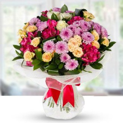 Bunch of 5 stems of Dark Pink alstroemerias , 4 stems of Pink chrysanthemums, 3 white roses & 3 stems of peach spray roses with fillers in nice wrapping Good evening