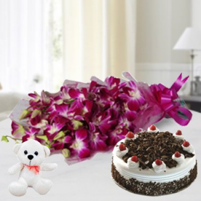 Bunch of 5 Orchids in nice wrapping, 6 Inches Teddy & 1/2 Kg Black Forest Cake Orchids , Cake & Teddy