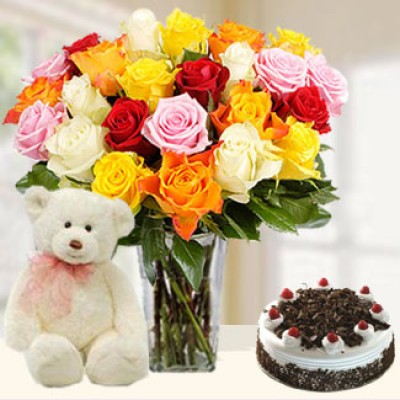 Bunch of 20 Mixed Roses Bunch in nice wrapping with Half Kg Black Forest Cake and 12 Swept Away