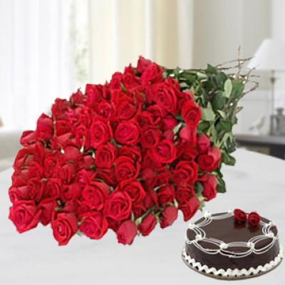Bunch of 40 Stem Red Roses wrapped with nice wrapping with1/2 Kg Chocolate Cake Instant Way