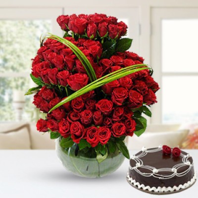 Bunch of 100 Stems of Red Roses 4 steps (As image) Along with 1/2 Kg Chocolate Cake Roses Bonanza