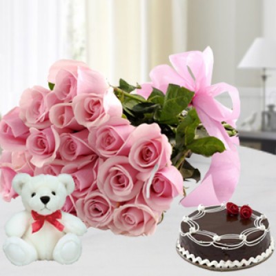 Bunch of 10 Pink Roses , 1/2 Kg Chocolate Cake & 6 Inches Teddy You Deserve The Best