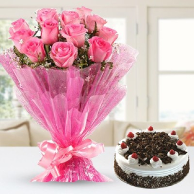 Bunch of 12 Pink Roses in Pink wrapping & 1/2 Kg Black Forest Cake Time For Celebration