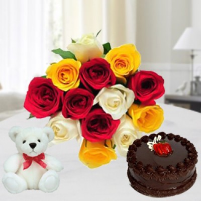 Bunch of 12 Mixed Roses in nice wrapping, 1/2 Kg Chocolate Cake & 6 Inches Teddy My Cutie Pie