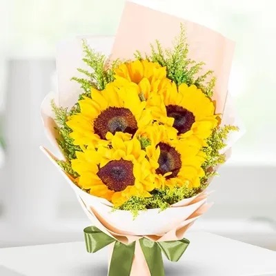 5 stems of Sunflowers along with fillers in nice wrapping Sunny Sunflowers