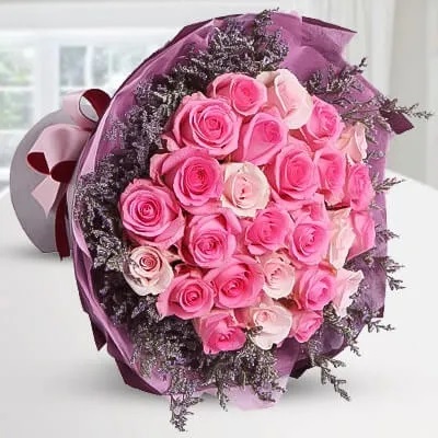 Bunch of 30 stems of light and dark pink roses with fillers (same wrapping as picture) Treasury Pink