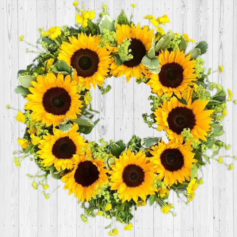 A round sympathy wreath of 11 sunflower. Sunflowers Wreath Arrangement
