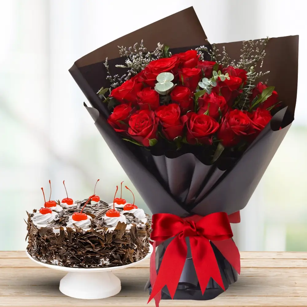 20 stems of Red roses with fillers and 1 kg black forest cake Roses and Cake Combo