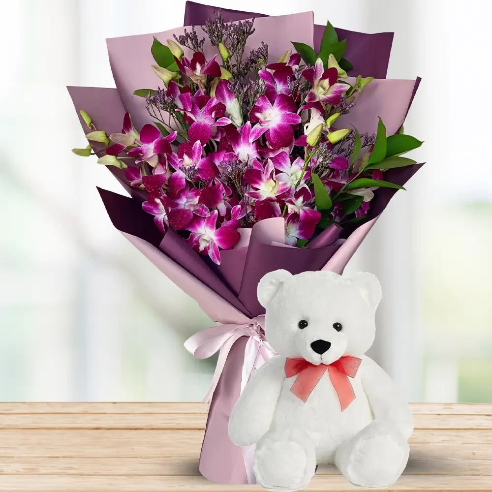Bunch of 5 Orchids with fillers in nice wrapping & 6 inches Teddy Purple Orchids Combo