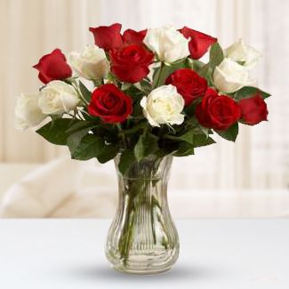 6 Red and 6 white roses with fillers in a Glass vase Love Magic