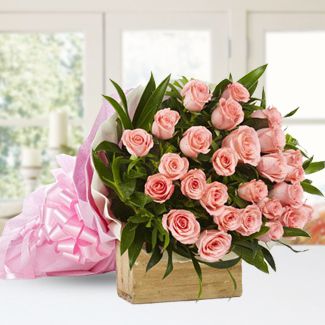 Bunch of 25 pink roses in a two layer paper packing Smiling Faces