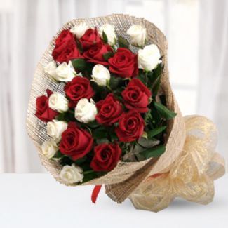 Bunch of 12 Red & 12 White roses with fillers nicely wrapped Perfect 24