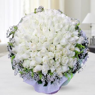 Bunch Of 60 Stems Of White Roses with Gypsophelia and Greens in nice wrapping Express Feelings