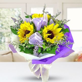 Bunch of 3 Sun Flowers with greens Sunny Blooms