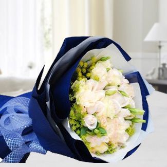 Bunch of 12 white roses and 3 stems of white eustoma in nice wrapping My Love